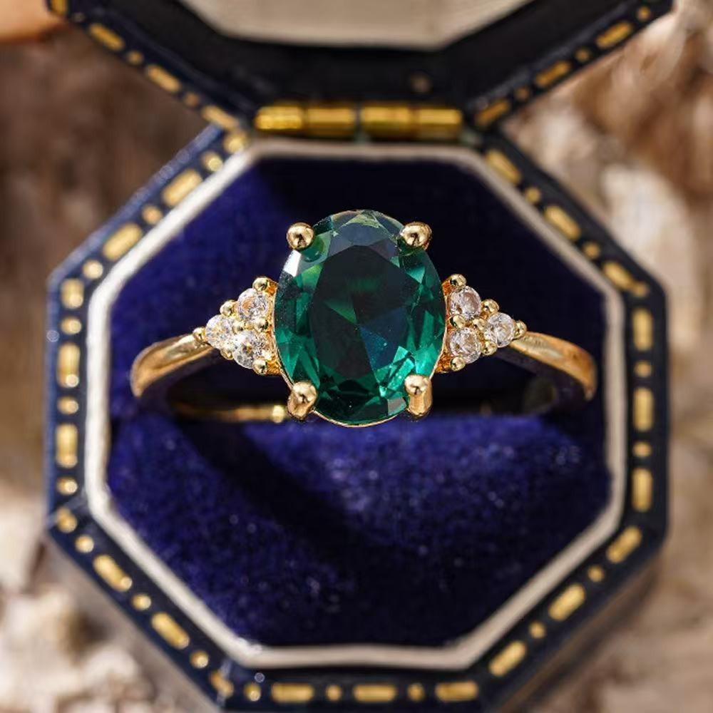 Stunning Woman 18k Gold Plated Sparkling Green CZ Oval Band Ring Anti-tarnish