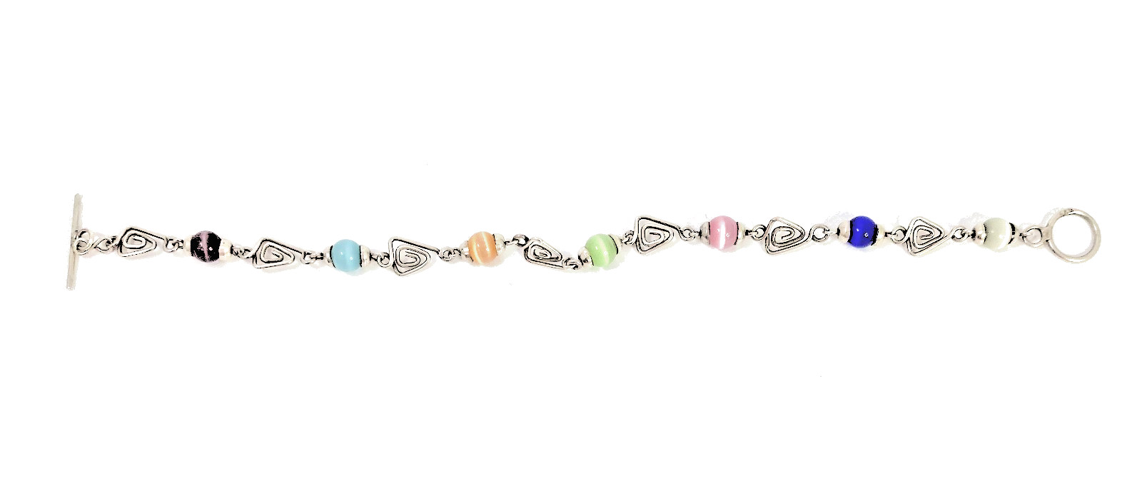 925 Silver & Multicolored Cat’s Eye Glass Triangle Link Chain Bracelet 8 in long