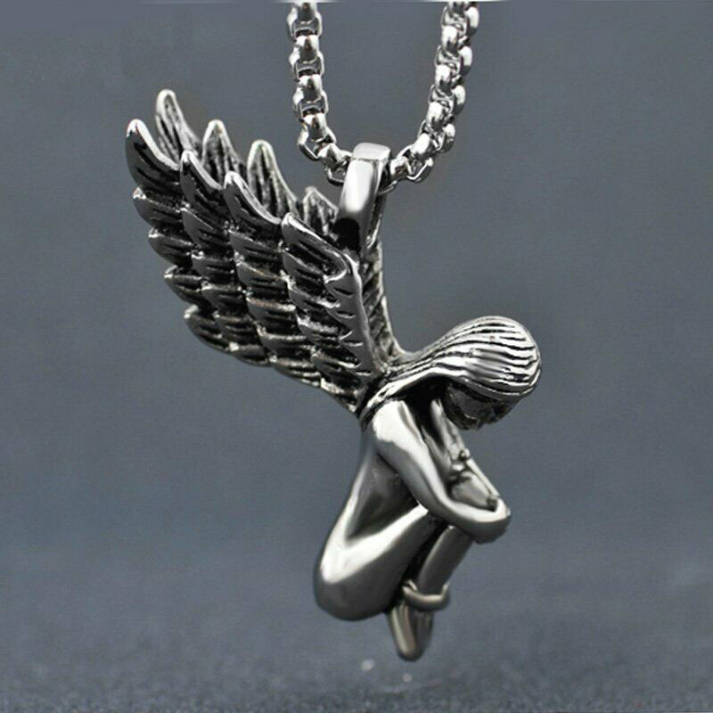 Womens Love Girls Angel Wings Pendant Necklace Chain Set Stainless Steel Gift