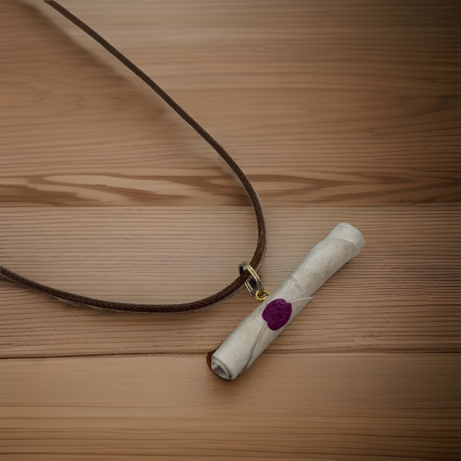 Brown Cord Necklace w/ Handmade White Scroll Charm Pendant