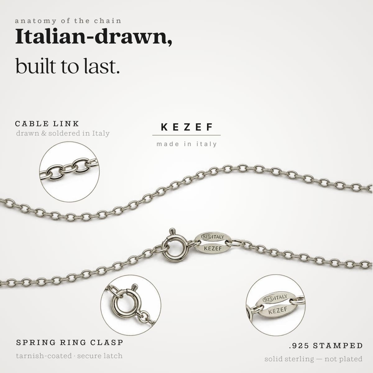 Kezef 1mm 925 Sterling Silver Cable Chain Necklace 16-36 inch Made Italy