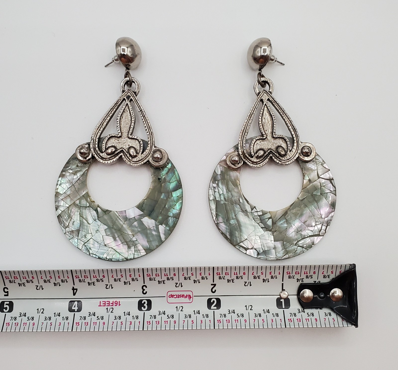 DLH Depose Earrings 3.5in Huge Pewter Iridescent Mosaic MOP Abalone VTG Estate