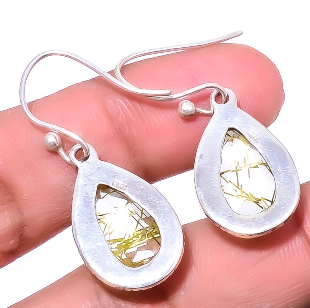 Golden Rutilated Quartz Handmade Silver Plated Bali Earring 1.37″ A68