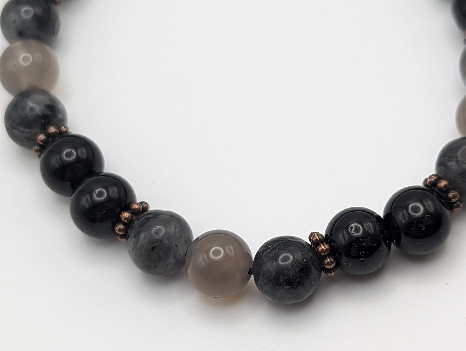 Labradorite / Grey Agate / Black 8mm Beaded Stretch Bracelet (18cm) Medium Wrist
