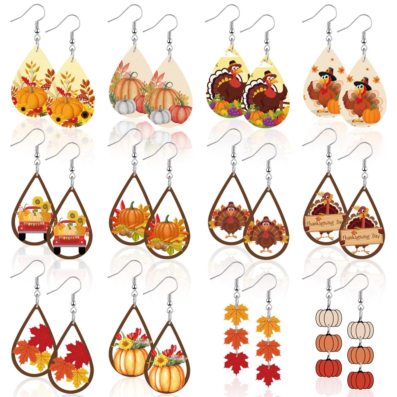 12 Pairs Thanksgiving Fall Earrings for Women Autumn Pumpkin Maple Leaves Tur…