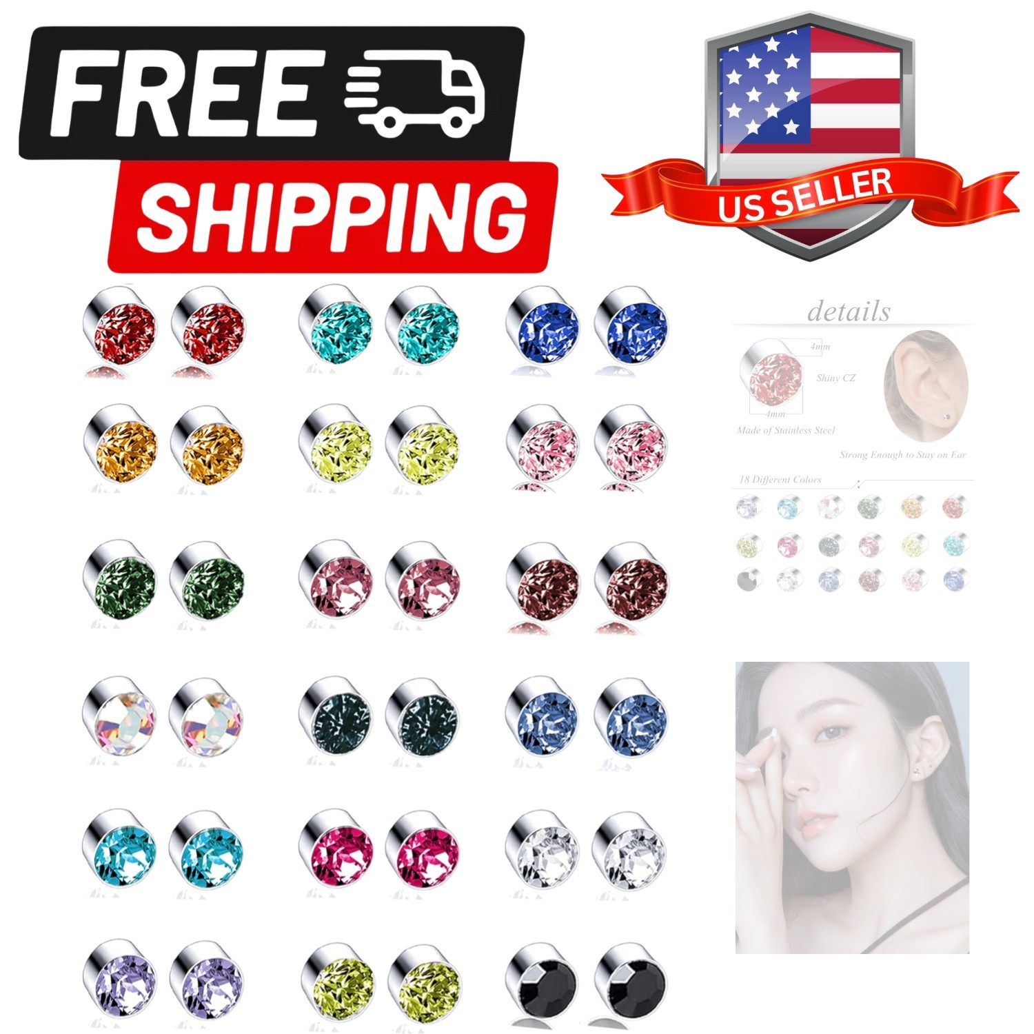Torniro 18 Pairs Magnetic Stud Earrings Colors CZ Clip on Non Piercing Fake S…
