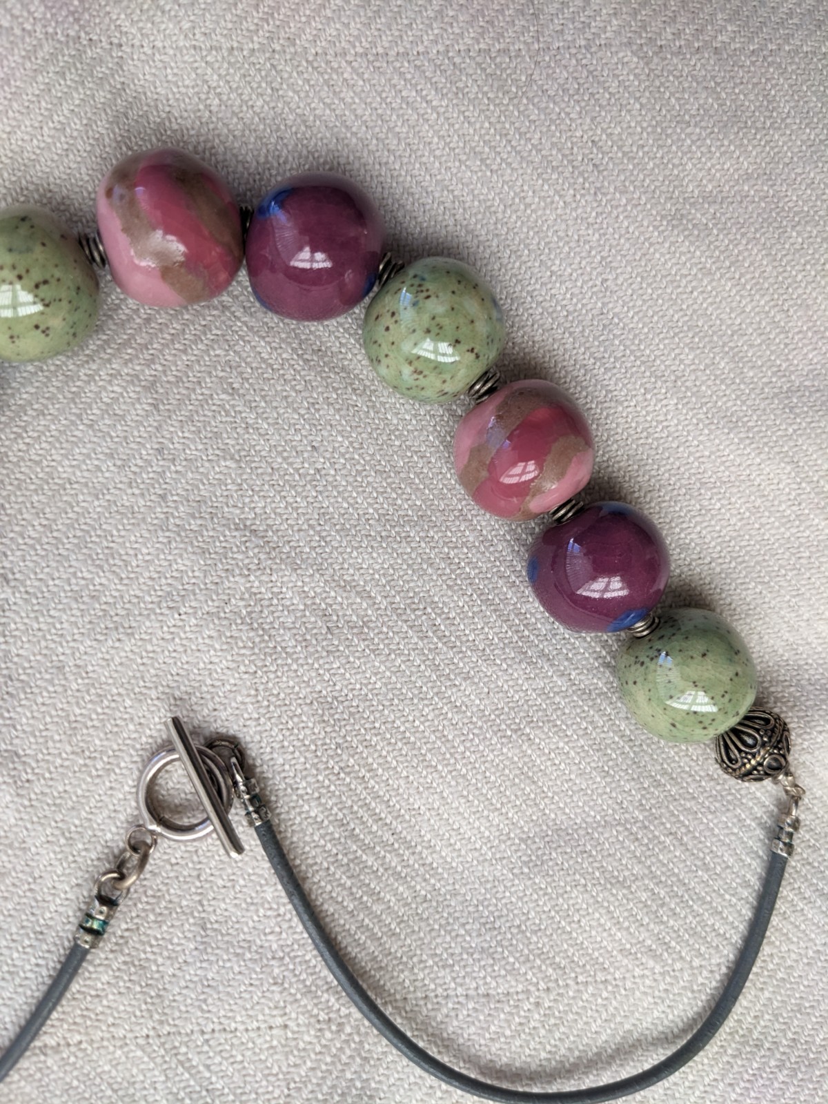 Necklace Pinks/ Greens Beads Cord Strap/ Back Fastening Delightful Hues Feminine