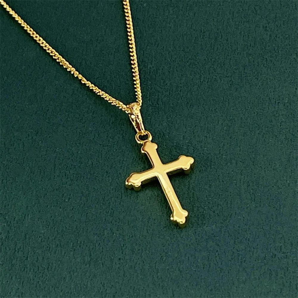 Women’s Delicate Cross Pendant Necklace,24K Gold, AU999 “Stability” engraving wi