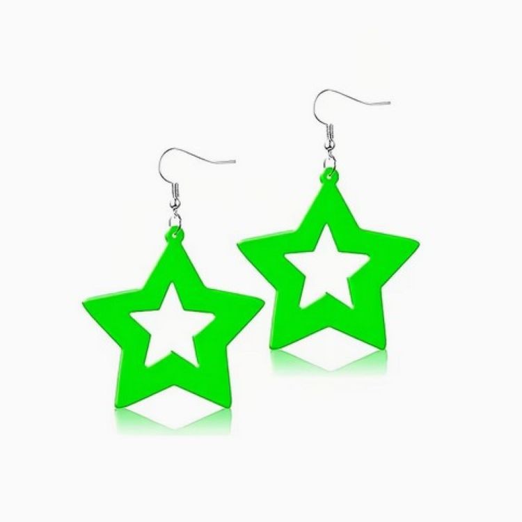 Ladies 1980s Retro Disco Party 5cm Neon Green Yellow Orange Pink Star Earrings