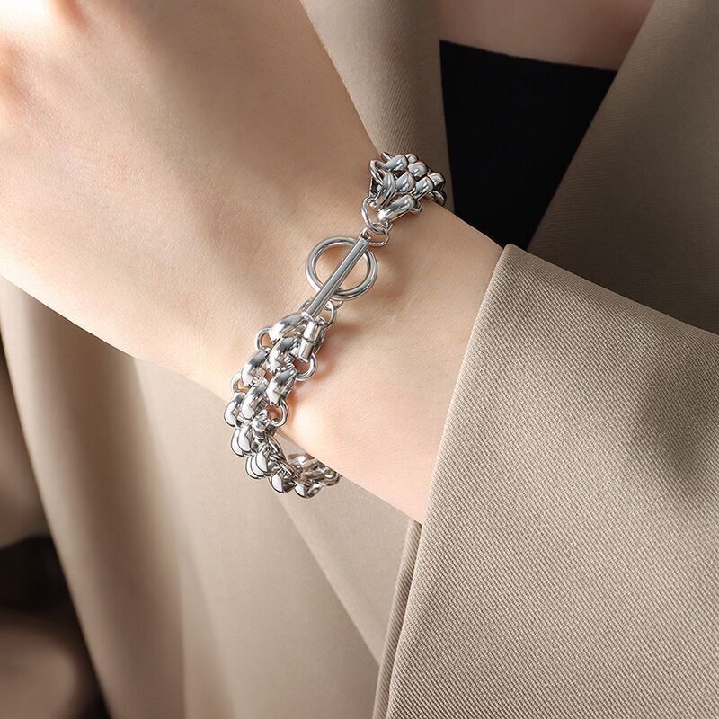 Woman 18k Gold Plated Stainless Steel Wide Thick Link Chain Toggle Bracelet