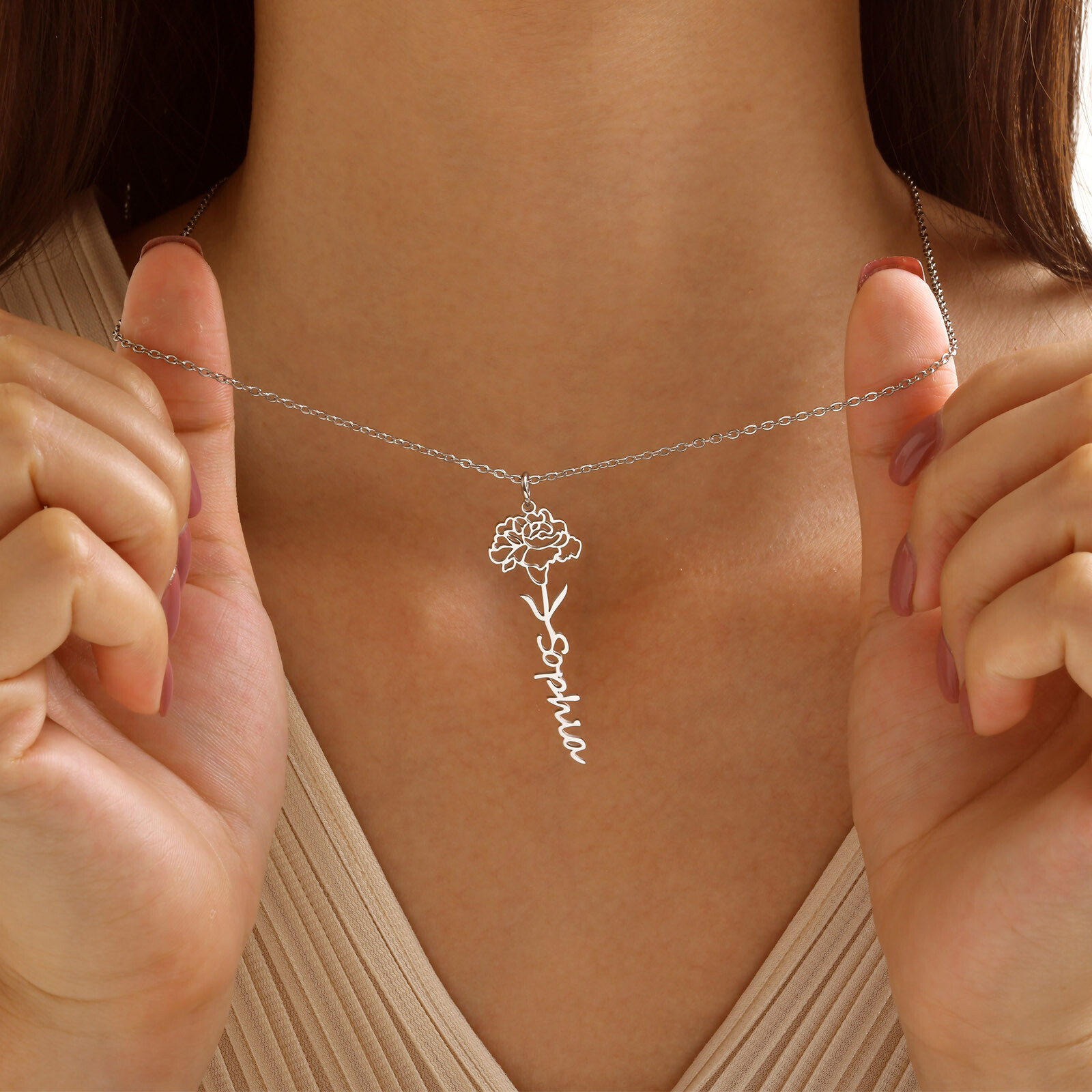 Birth Flowers Necklaces Name Personalized Pendant Gold Silver Gift Christmas Mom