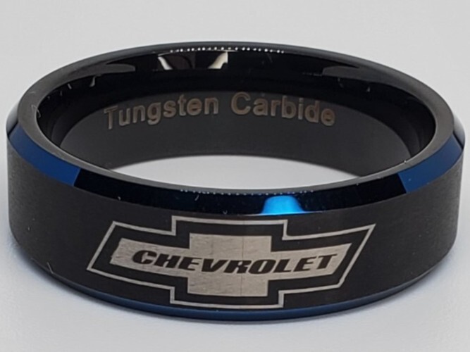 CHEVROLET RING CHEVY WEDDING BAND BLACK & BLUE 8MM TUNGSTEN WEDDING RING Size 15
