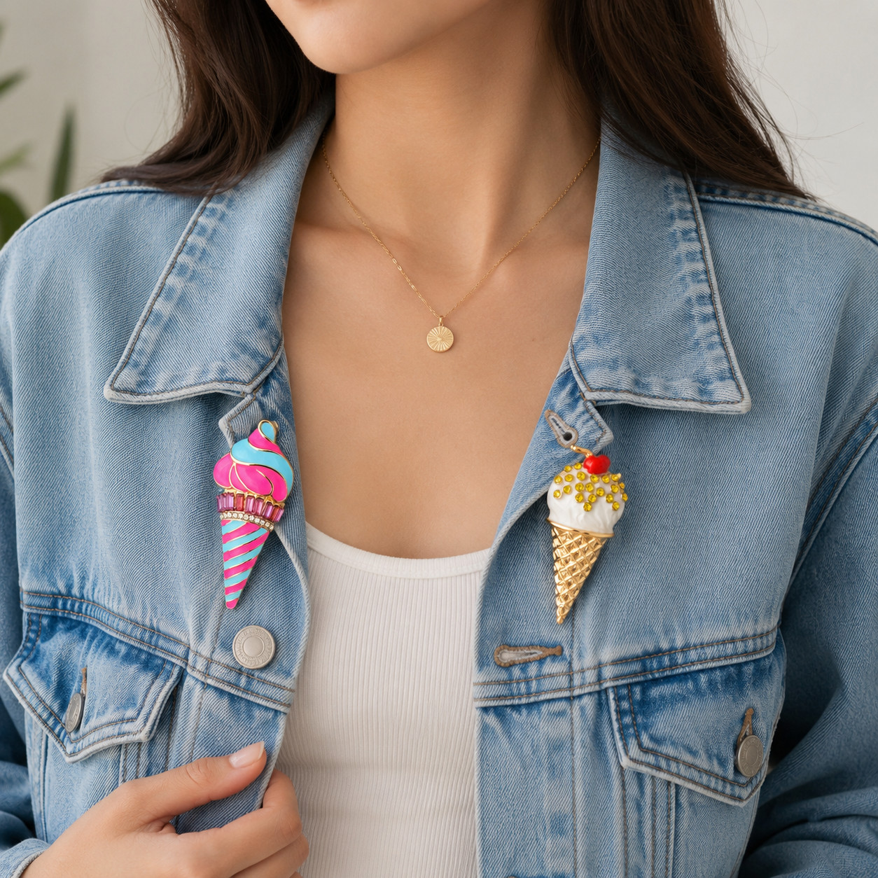 2PCS Ice Cream Cone Brooch Pin Enamel Rhinestone Dessert Sweet Treat Gold Tone