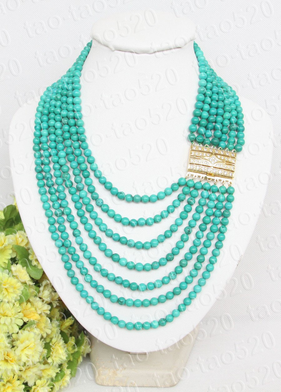 AAA natural 17″-23″ 7row 6mm green round turquoise beads Strand necklace 9K
