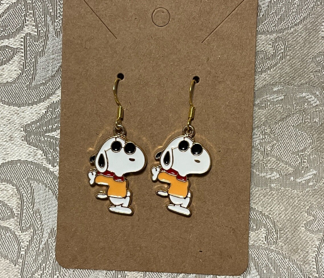 Snoopy Joe Cool Gold Loop Enamel Drop Dangle Adorable Earring Set