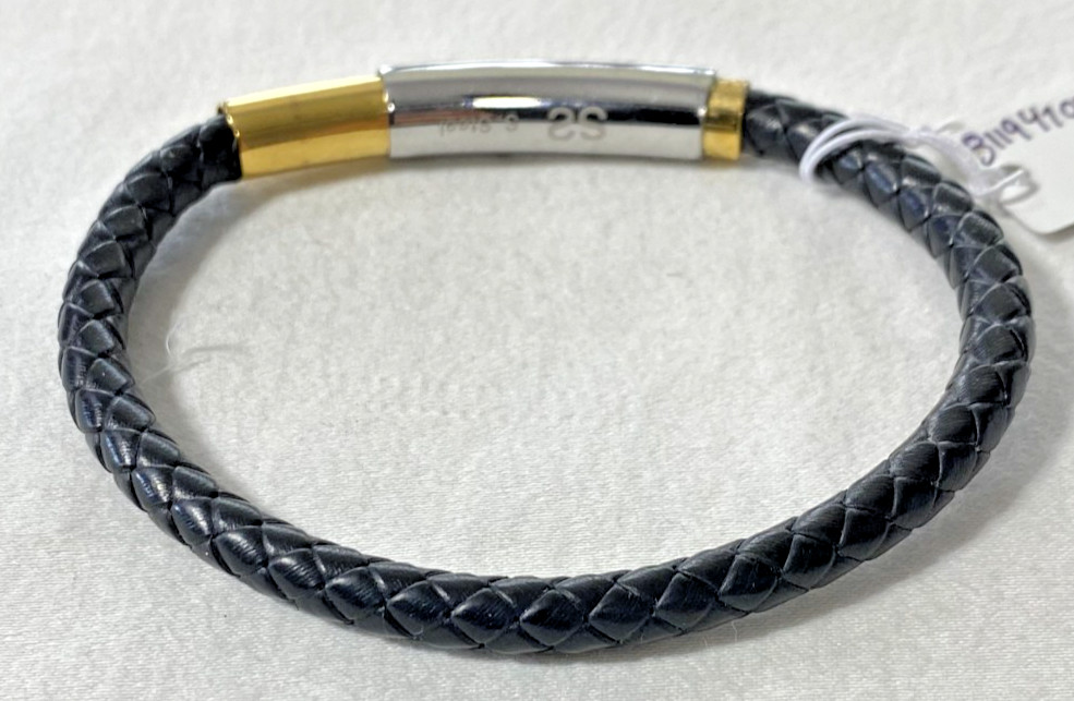 Simone I. Smith Two-Tone Woven Leather Stainless Steel Bracelet 6 mm 8.5″ NOS