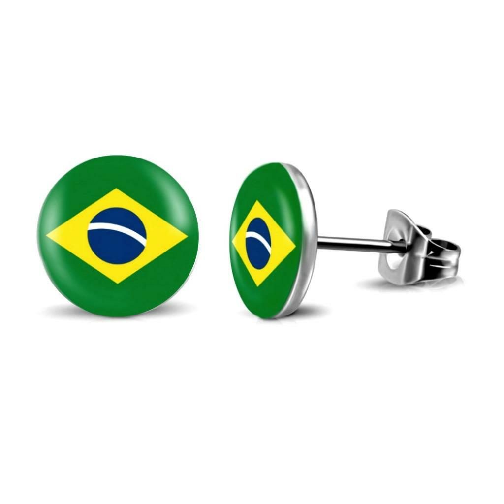 BRAZIL FLAG EARRINGS 10mm Stainless Steel Round Stud Post Tiny Brazilian Pride