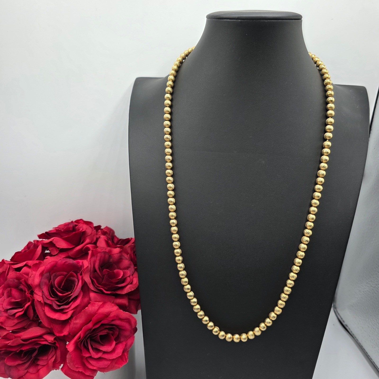 Monet Vintage Gold Tone Ribbed Bead Necklace Textured Round Strand 27 Inch