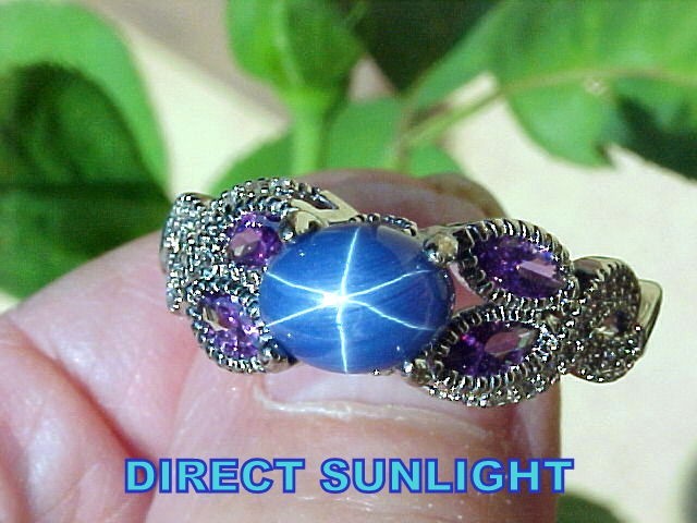 Blue Star Sapphire Ring 8X6mm & Amethyst & White Topaz 925 Sz 10.25