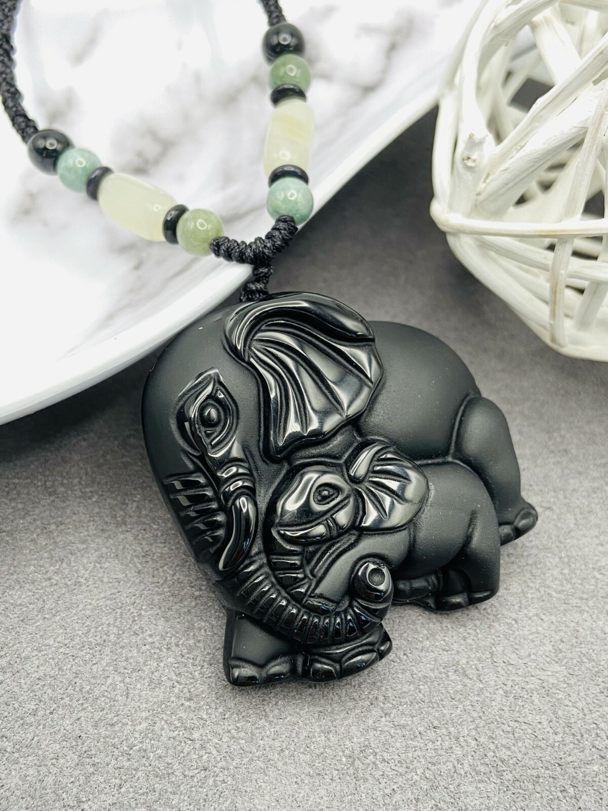 Jade Obsidian Elephant Animal Charm Pendant Necklace Beads Cord Handmade Carved