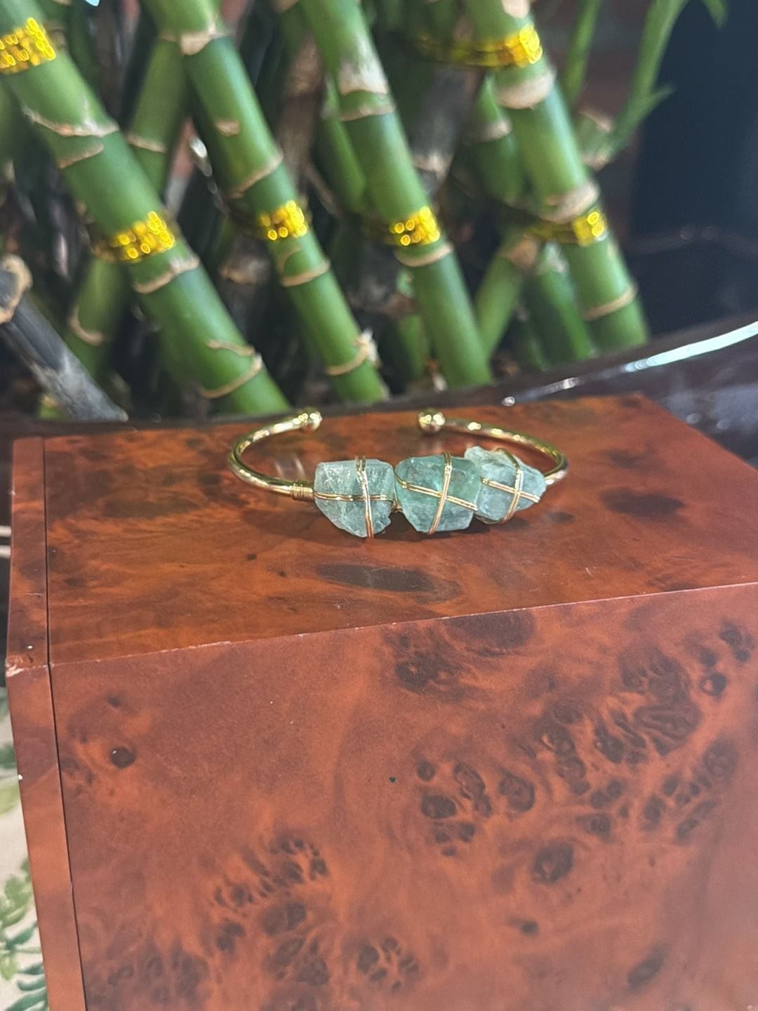 Raw Green Fluorite Crystal Gold-Tone Wire-Wrapped Open Cuff Bracelet