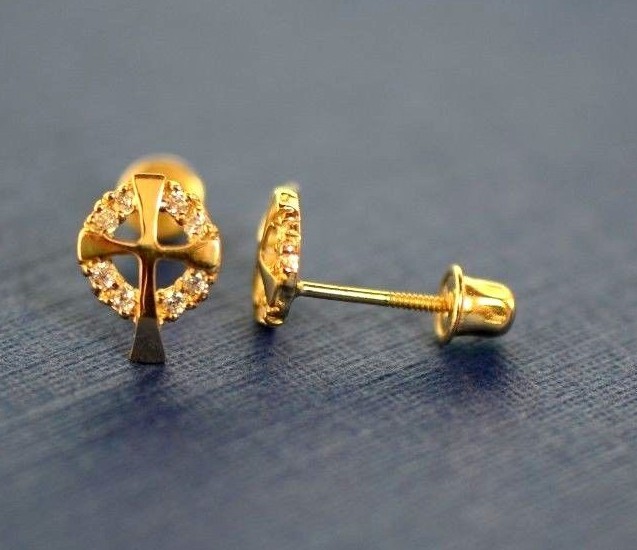 14K White or Yellow Gold Cross CZ Stud Earrings