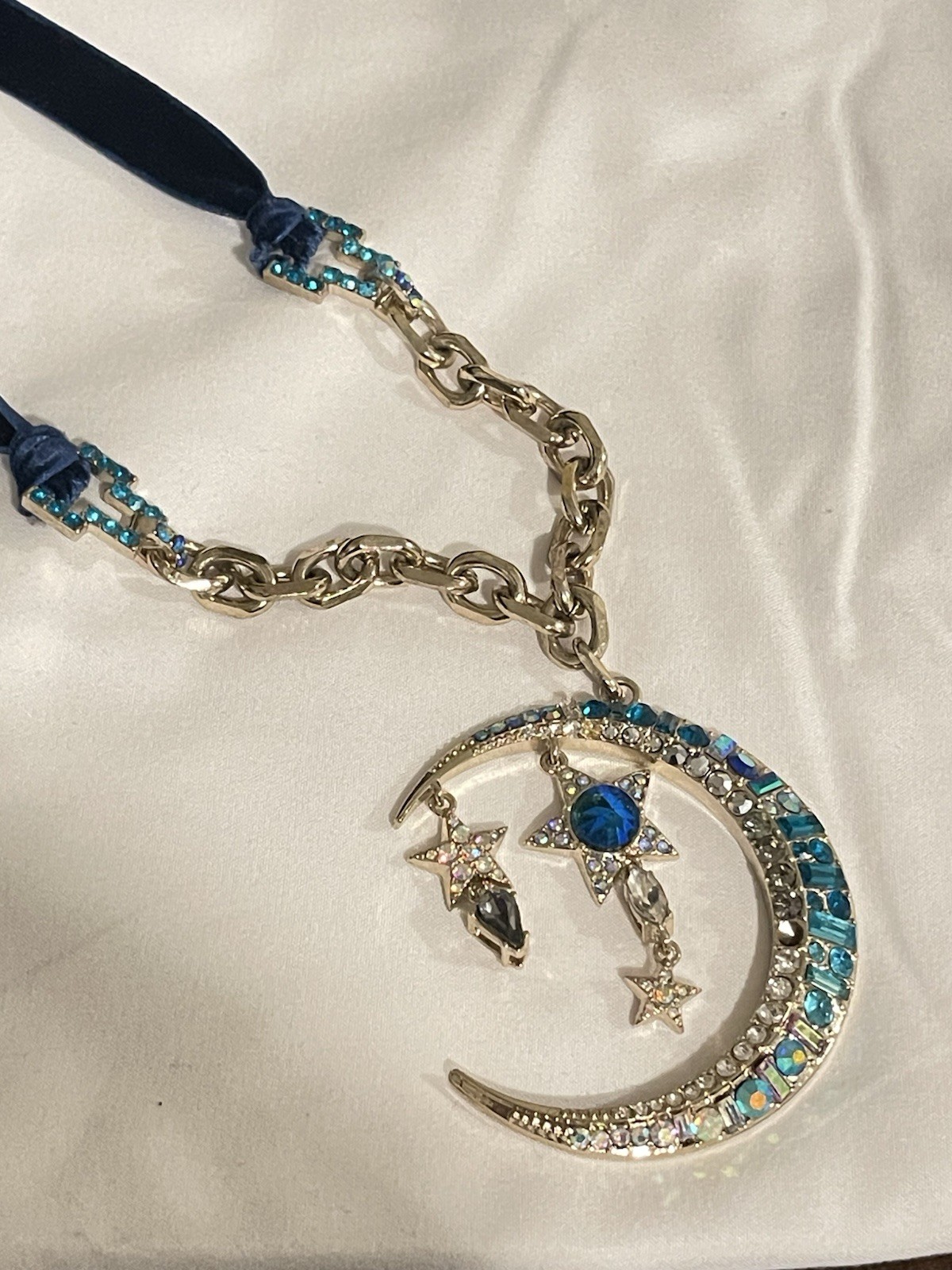 Betsey Johnson Blue Crystal Crescent Moon & Star Pendant Necklace Adjustable