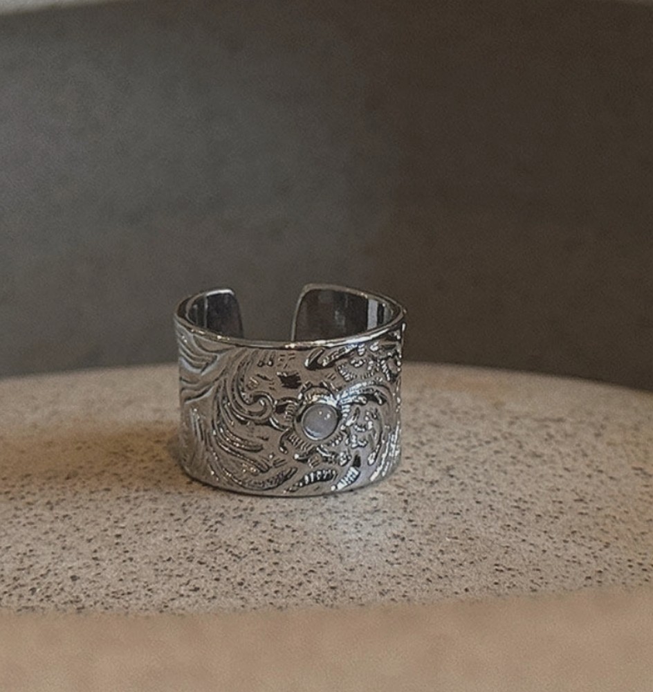 Silver Tone Embossed Moonstone Inlay Vintage Boho Wide Cuff Open Band Ring