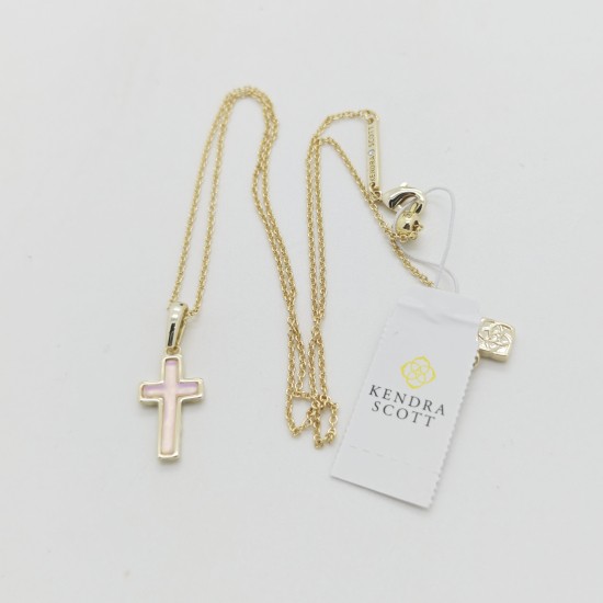 New Kendra Scott Cross Gold Pendant Necklace in Pink Dichroic Glass