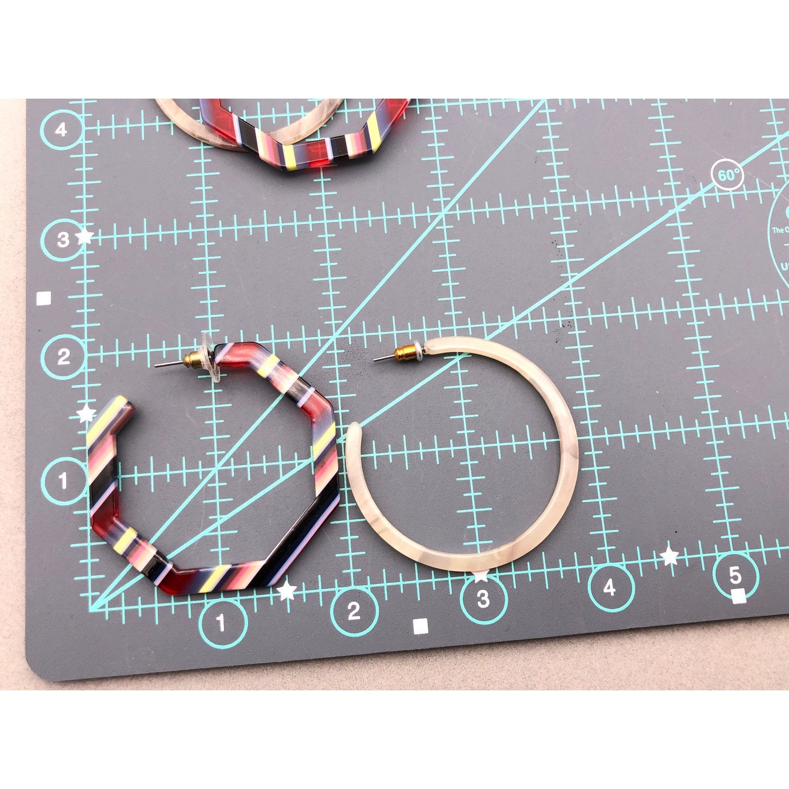 Hoop Earrings Set Multicolor Striped Octagon Cream Marbled Acrylic Resin