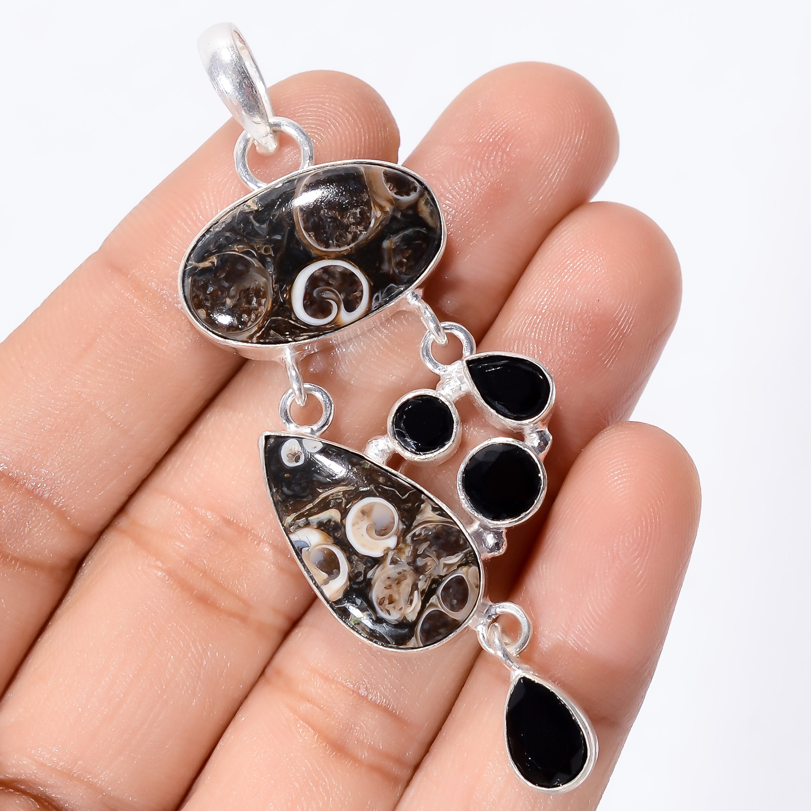 Turritella Agate Spinel Gemstone 925 Silver Handmade Pendant 2.5″ ARP-4092