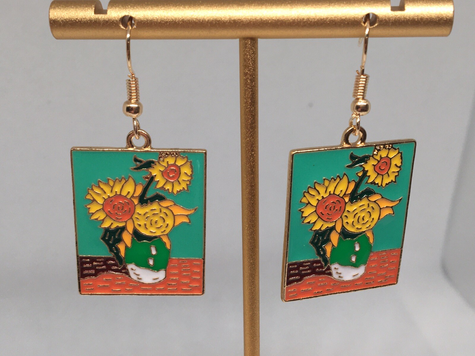 Van Gogh Sunflowers enameled earrings. Stainless steel hooks. Art Beauty Nature