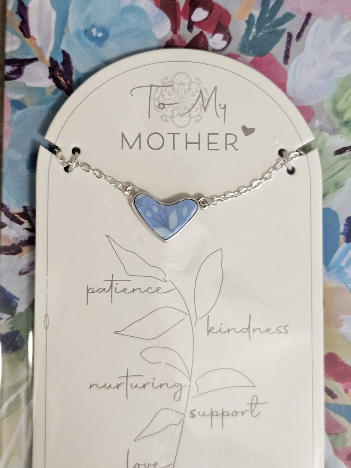 JIL ZARAH TO MY MOTHER HANDMADE CLAY HEART BLUE NECKLACE SILVER TONE GIFT