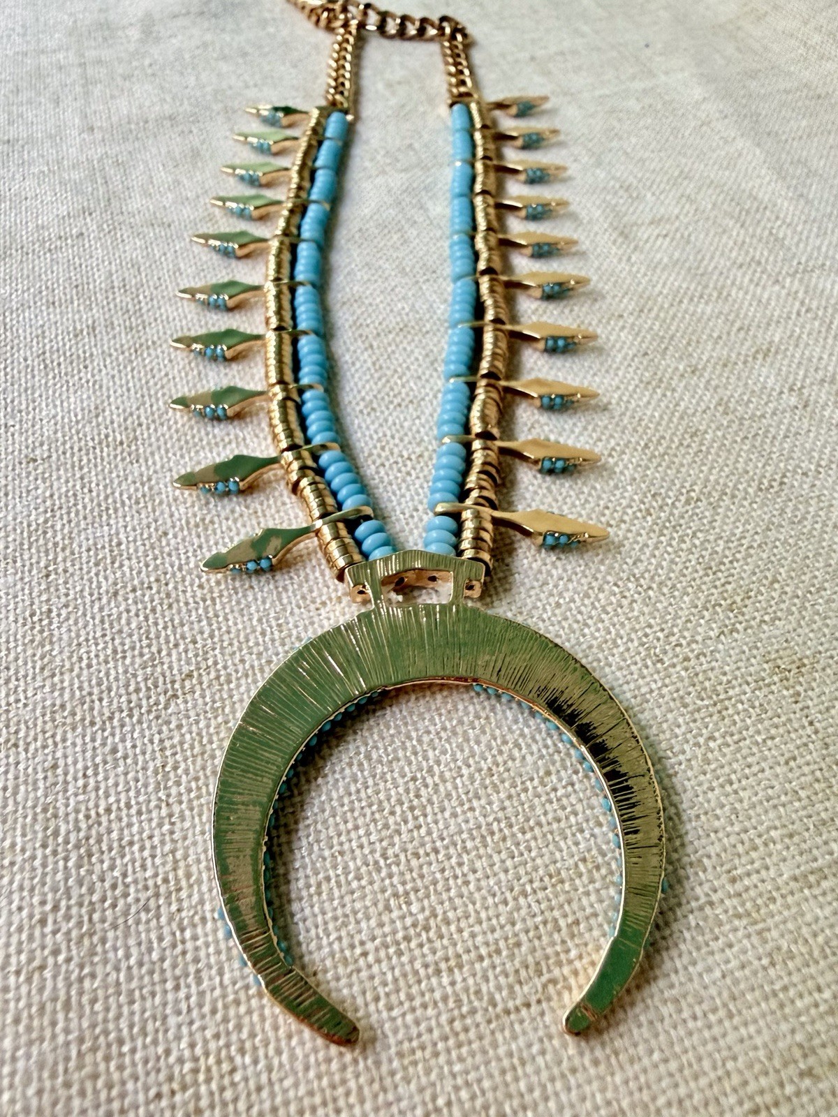 Modern Atterri Turquoise Beaded Crescent Horn Necklace Gold Tone Boho