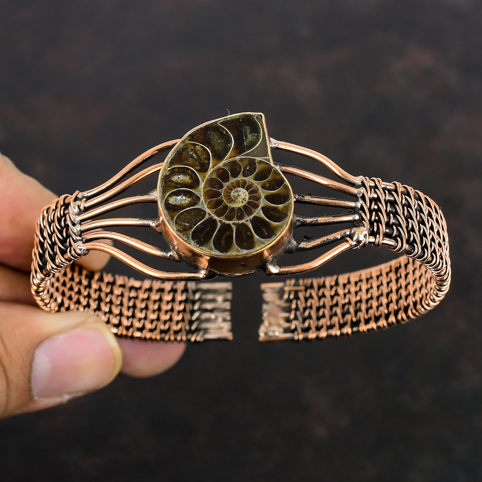 Ammonite Fossil Wire Wrapped Adjustable Bangle Handcrafted Copper Holiday