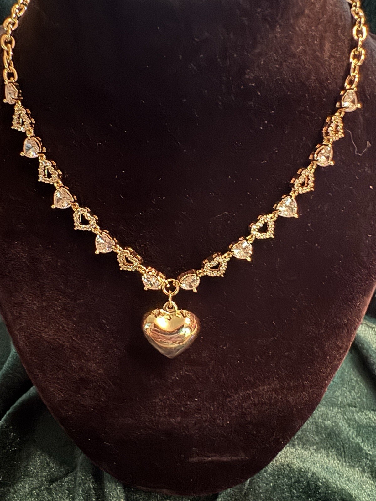 Gold Filled Cable Chain Necklace w Crystal Heart Links & Heart Charm Pendant