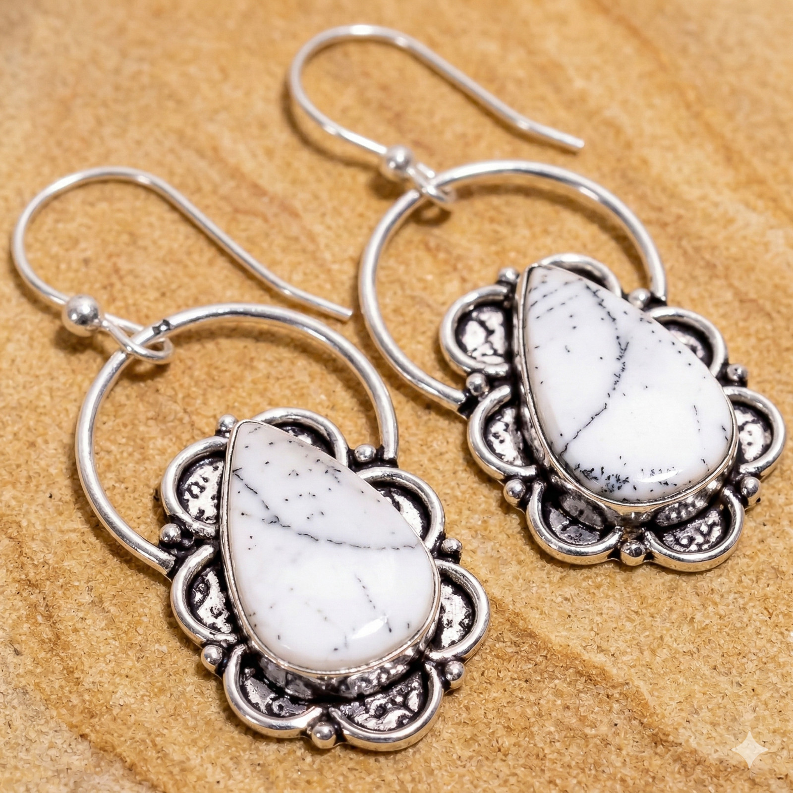 Howlite Gemstone Pear Vintage Style Handmade Jewelry Dangle Earrings 2.1″ AAE189