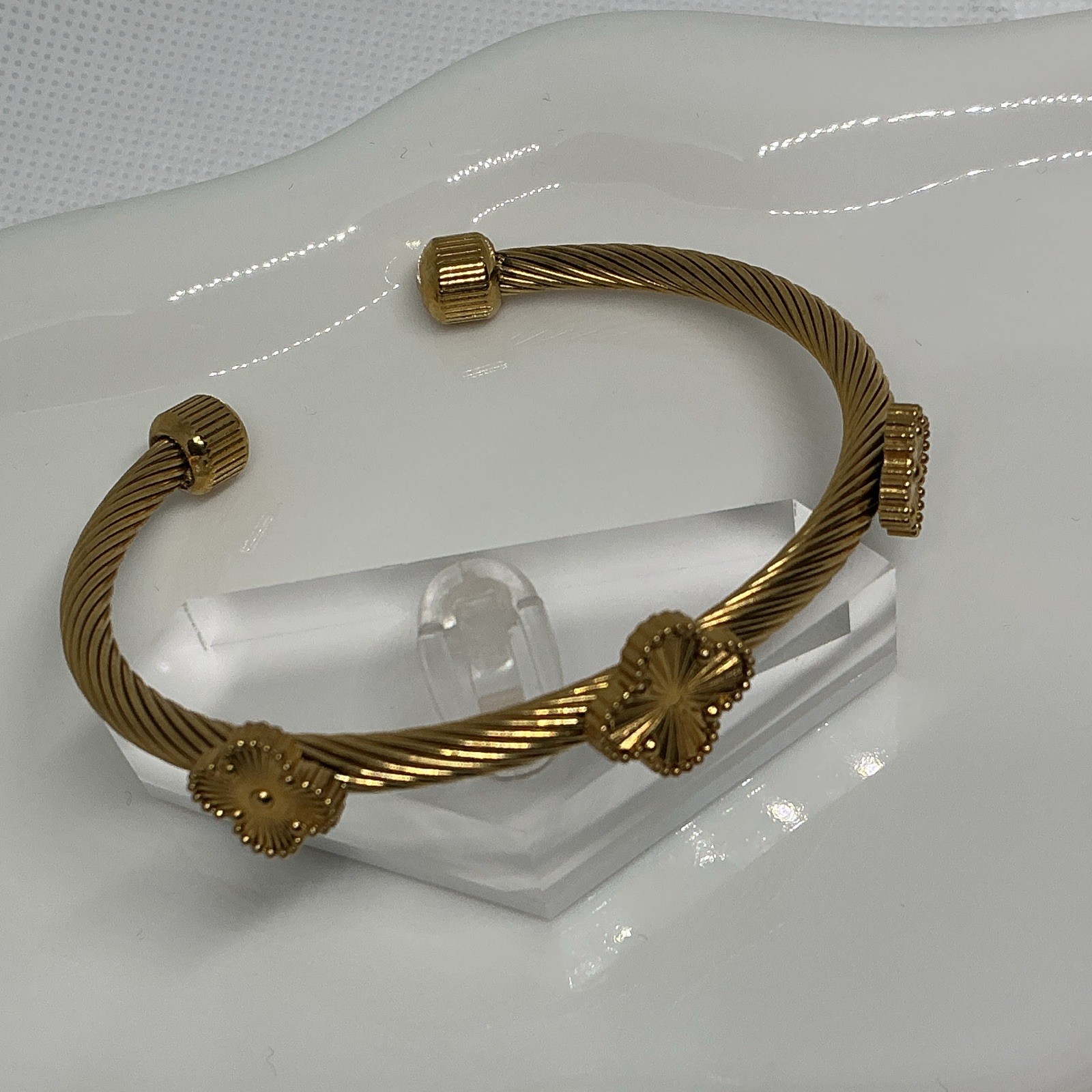 Gold Tone Wire Cable Cuff Bangle Bracelet, Open Adjustable, No Stone
