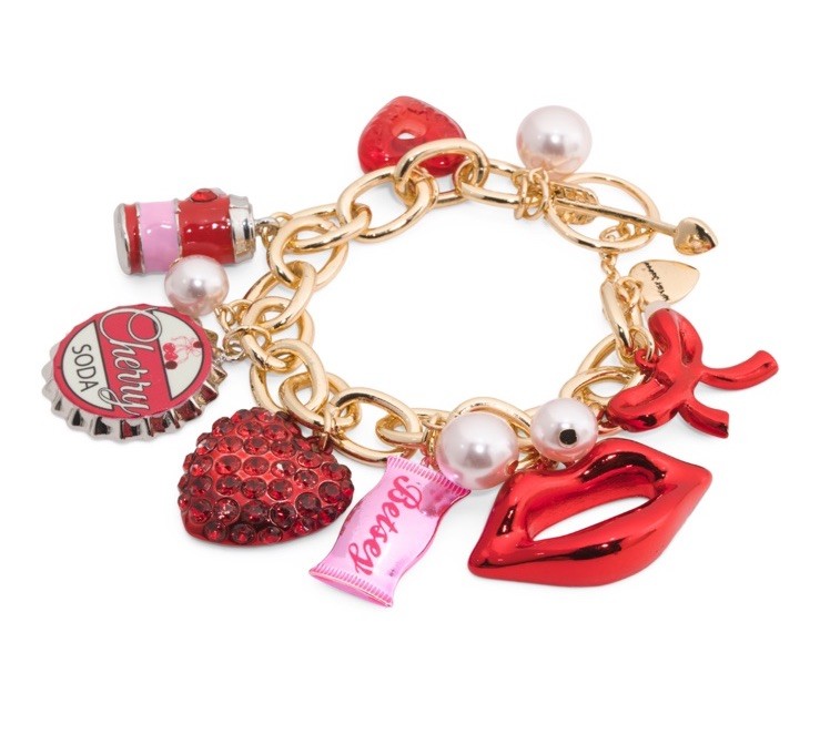Betsey Johnson Charm Bracelet Love Hearts Cherry Cola Lips Bows NEW in Gift Box