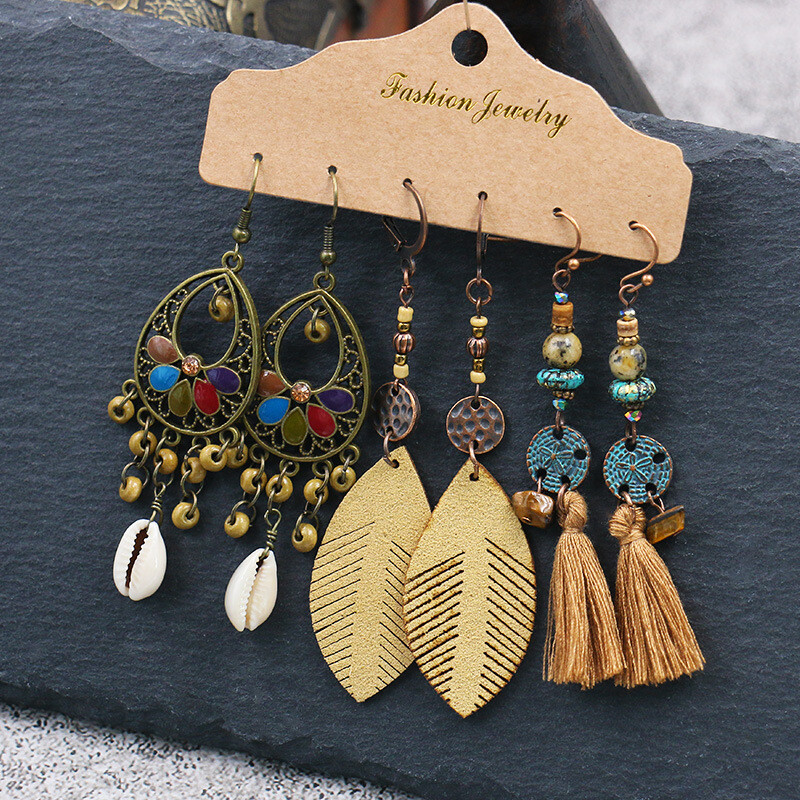3 Pairs/Set Bohemian Boho Earrings Hook Drop Dangle – Feather, Tassle Shell, C#1