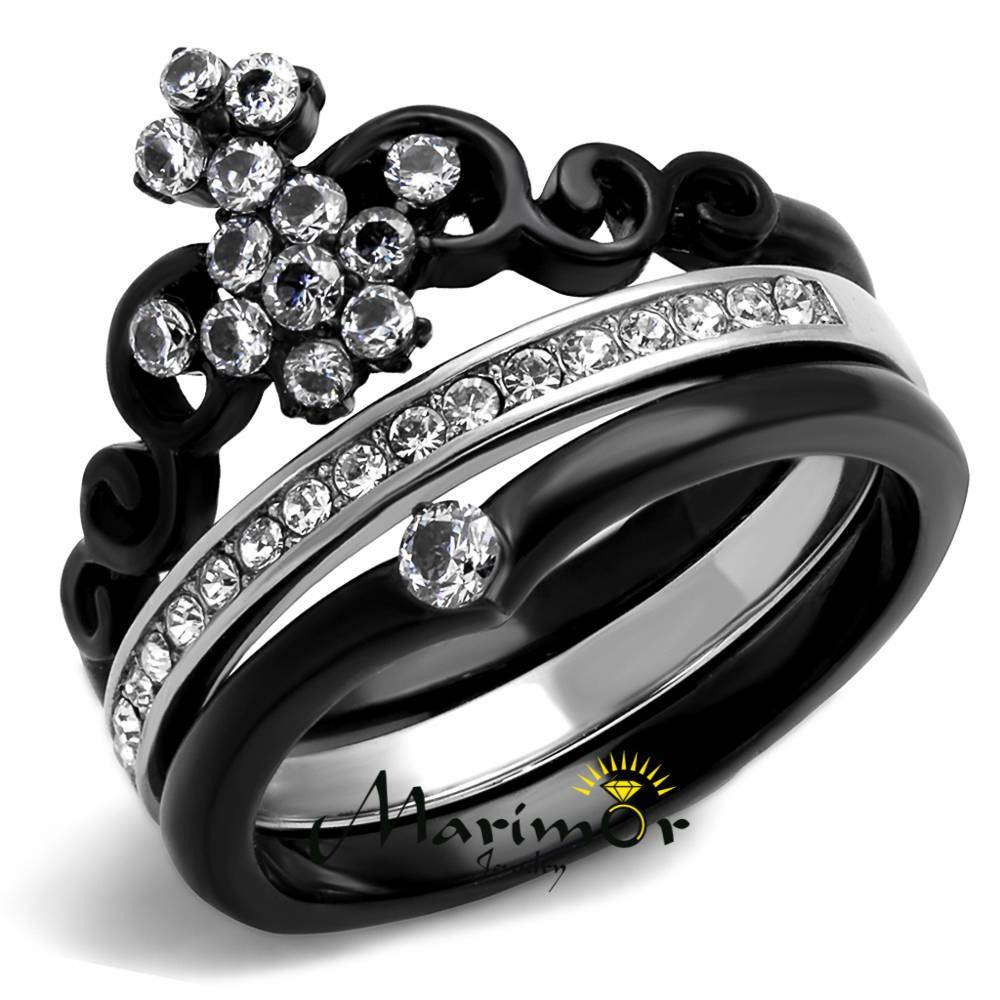 Women’s Black Ion Plated Stainless Steel CZ Crown Wedding Ring Band Set Sz 5-10