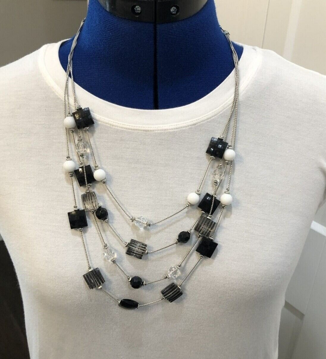 Multistrand Black White Clear Beaded Faceted Bead Necklace with Extender Boho
