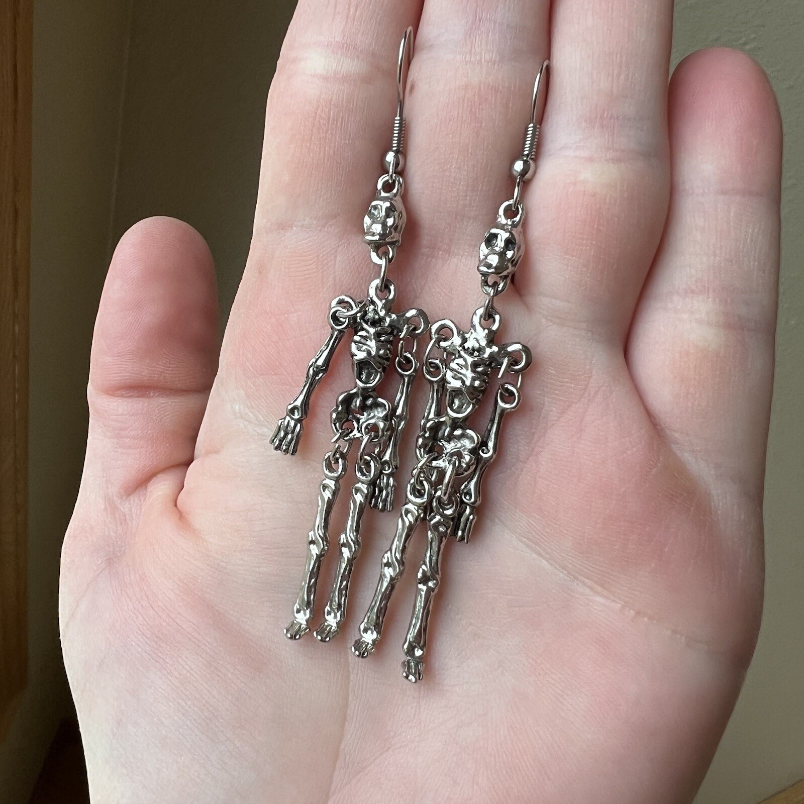 Skeleton Halloween Dangle Earrings Silver Tone Spooky Scary Movable Jewelry