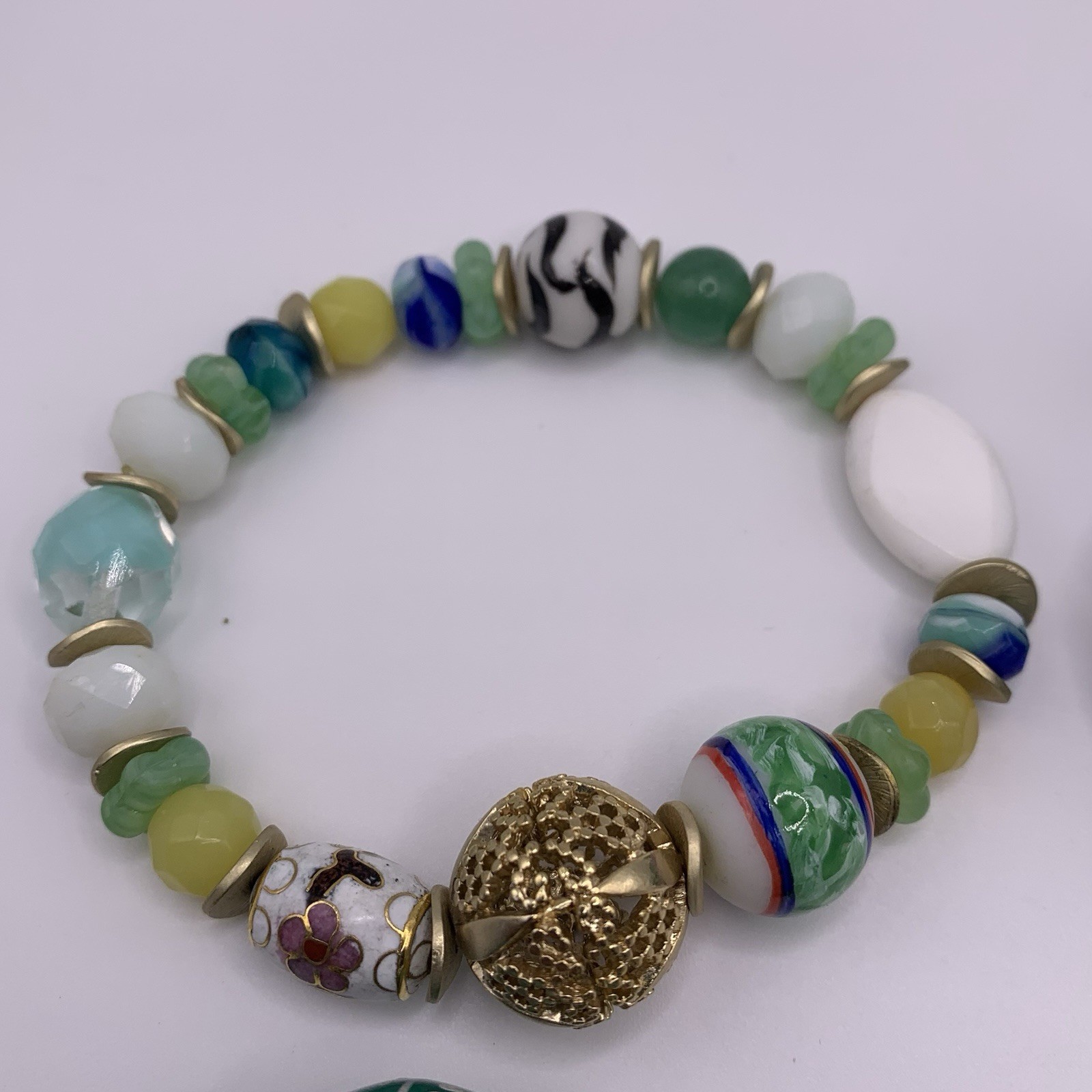 Lot of Four Beaded Bracelets Green Gold Tone Stretch Cloisonné Matryoshka