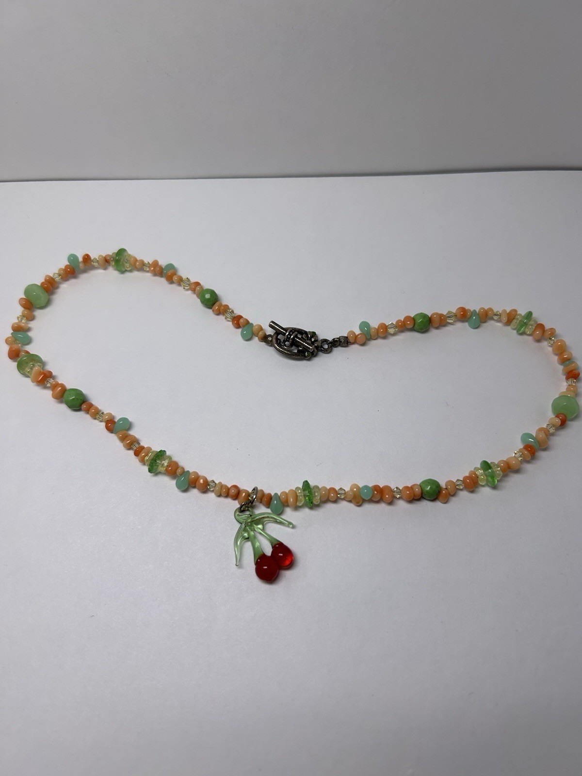 Multicolor Chip Beaded Ball Chain Necklace w/ Cherry Charm Pendant Hook Clasp