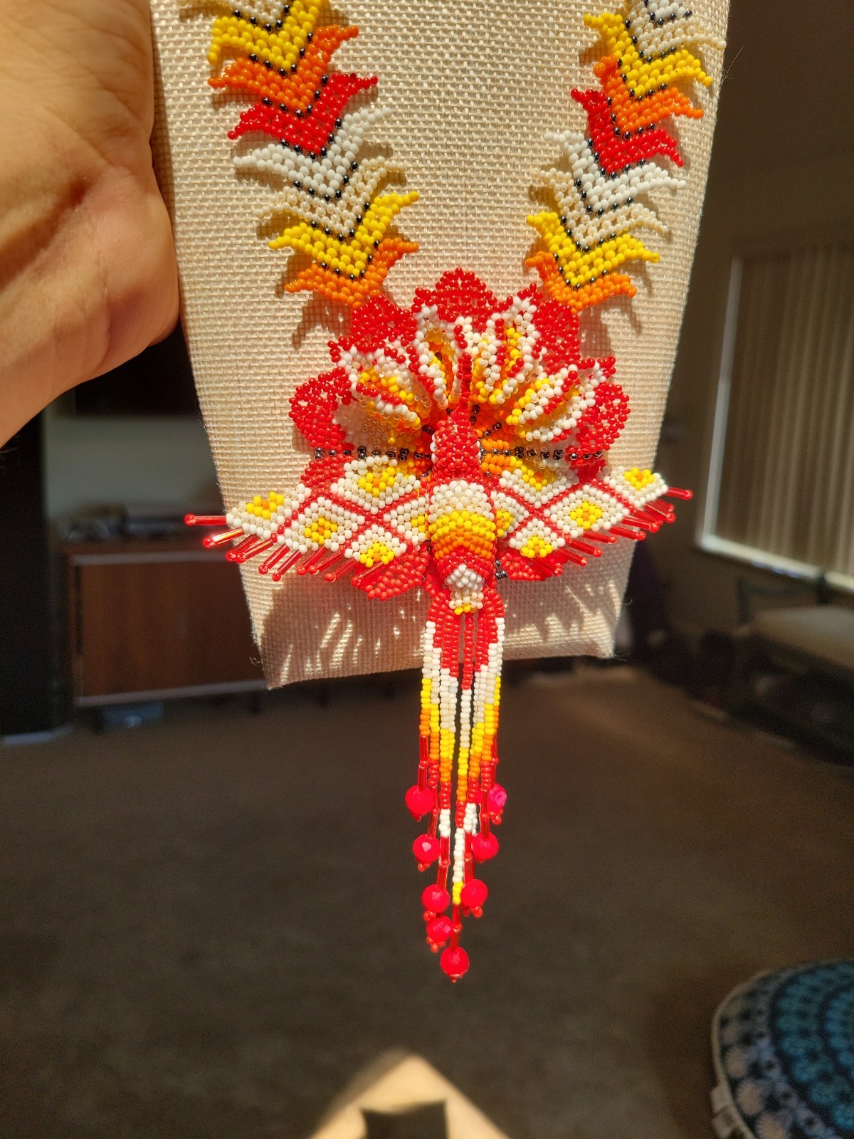 Handmade beaded Yellow White Red And Orange Hummingbird Necklace