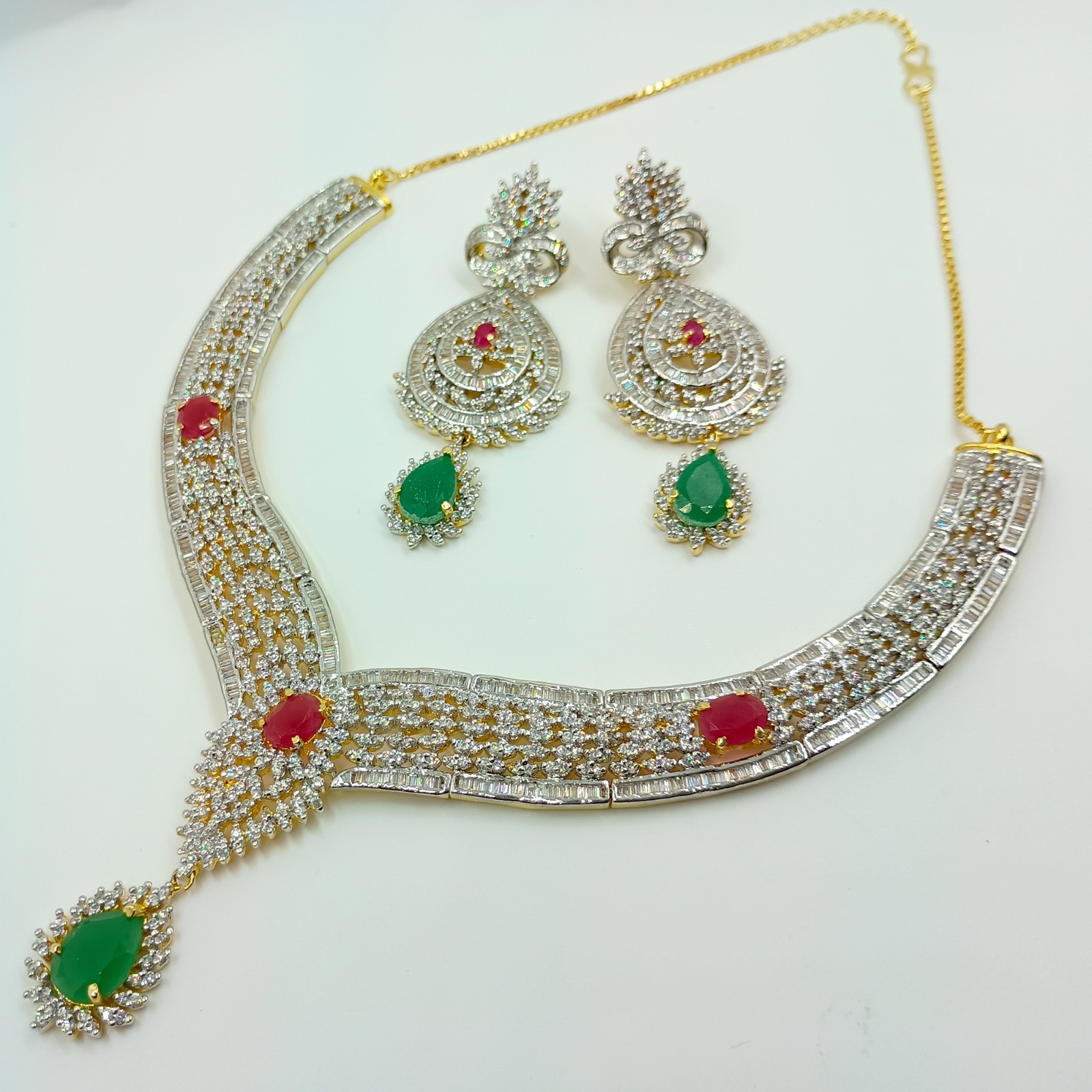 Traditional Emerald Ruby CZ Diamond Choker Necklace Set 22k Gold Plated