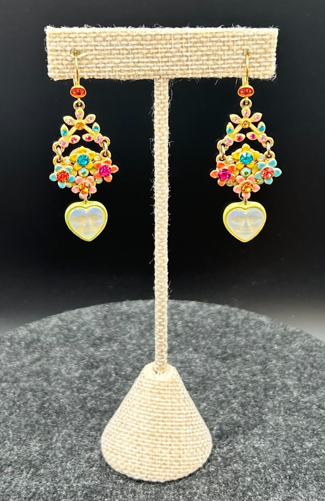 Kirks Folly Vintage Dangle Earrings Multicolor Rhinestone Moon Face Heart Gold