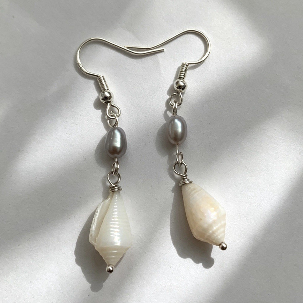 White Shell & Gray Pearl Beaded Dangle Drop Earrings, Silver Tone Hook