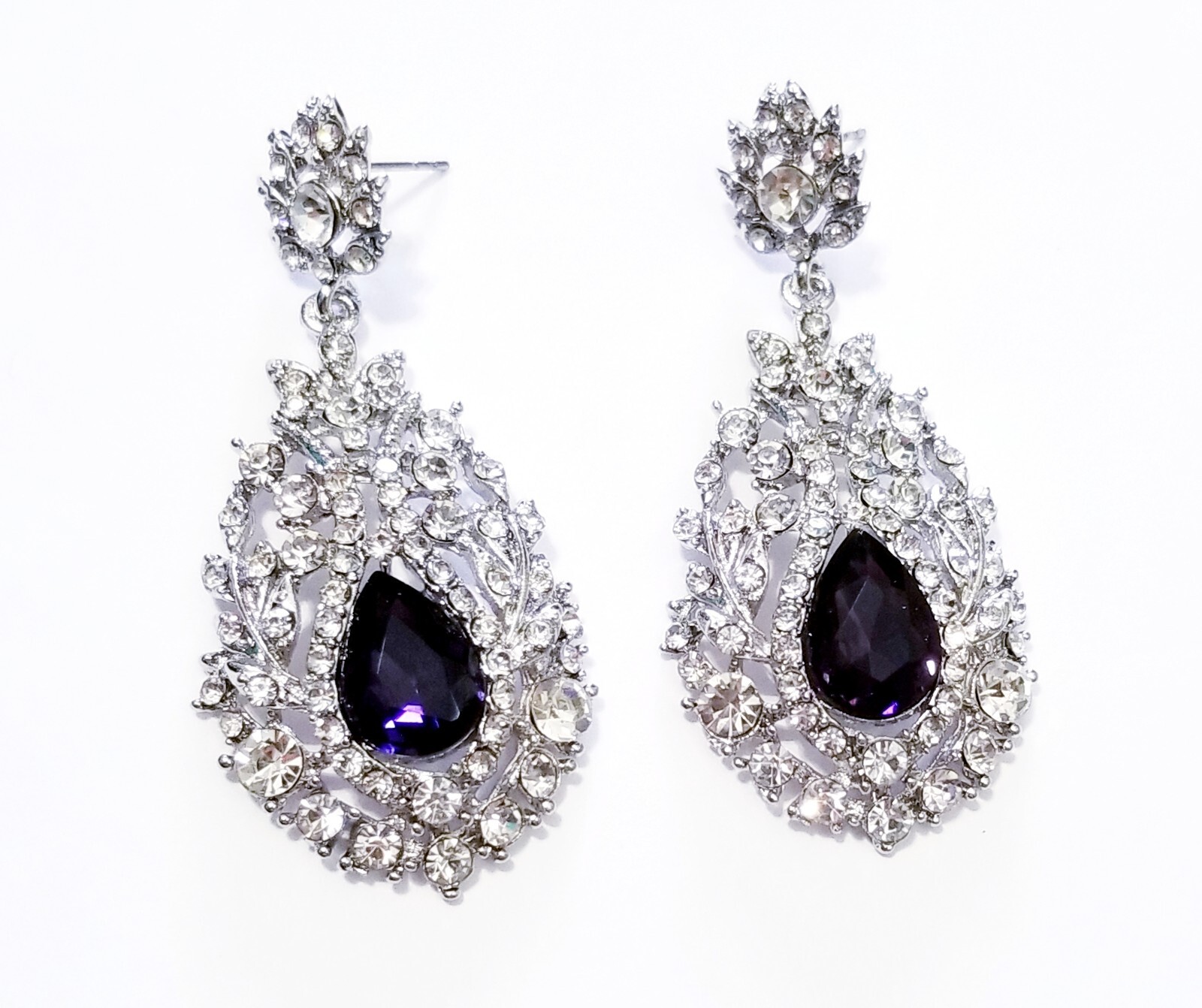 Chandelier Rhinestone Crystal Pageant Bridal Earrings Purple Drop Dangle 2.5 In